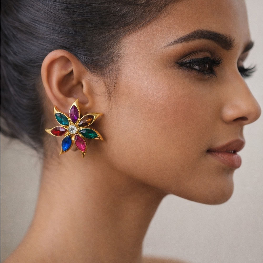 Vintage Jewel Toned Multicolor Flower Clip-On Statement Earrings